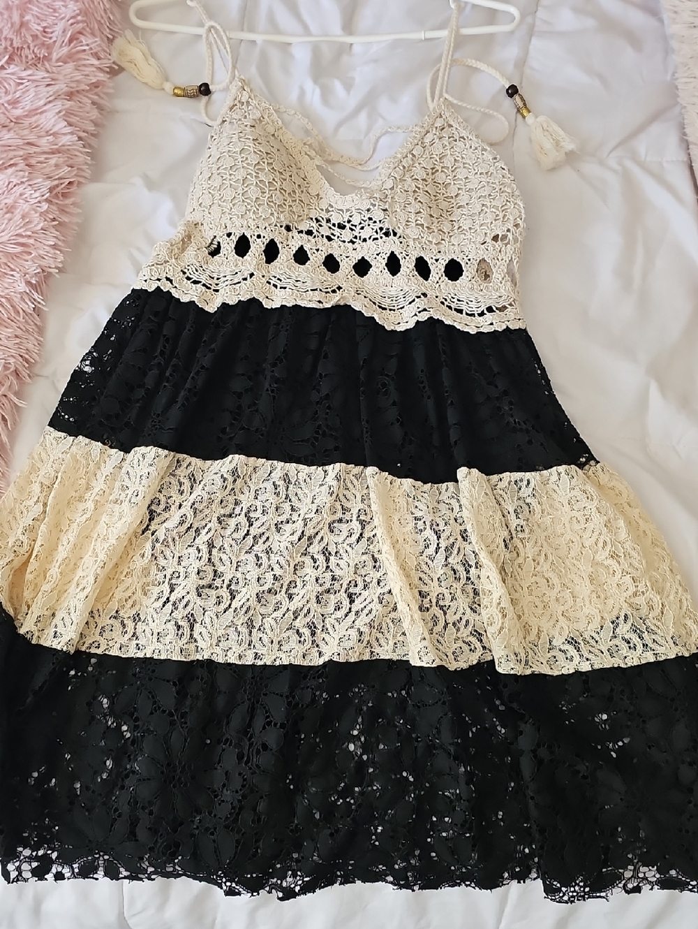 Black and Cream Lace Tiered Dress
